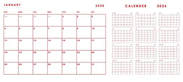 Asgari Kırmızı 2026 Takvim Şablonu Temiz Modern Yıllık Planlayıcı Tasarımı