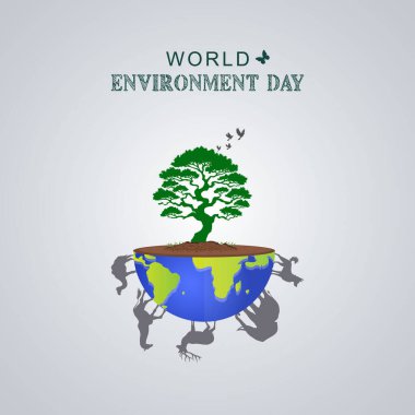 Dünya Çevre Günü ağacı vahşi yaşam siluetleri ve yeşilliklerle büyüyor. Ortam Günü Posteri