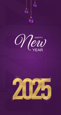 Mutlu yıllar 2025: Canlı arkaplanda altın rakamlar ve mor süsler