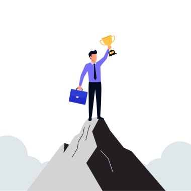 Dağ Tepesi Holding Ödülü ve Çanta Vektörü İllüstrasyonunda Adam.