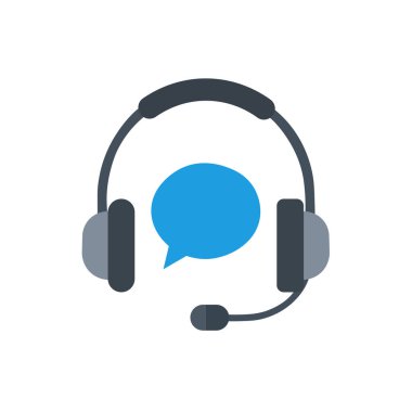 Müşteri desteği için düz vektör simgesi, mikrofonlu koyu renkli bir kulaklık ve beyaz arkaplanda izole edilmiş merkezi mavi konuşma balonu..