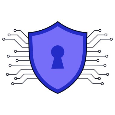 Yüksek teknolojili siber güvenlik kalkanının düz vektör çizimi, anahtar deliğiyle, koyu, sadeleştirilmiş devre kartı üzerine kurulmuş..