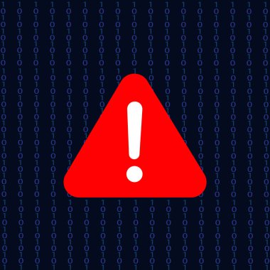 Siber güvenlik alarmının düz vektör çizimi, ikili kod merkezinde bir ünlem işaretli parlak kırmızı uyarı işareti içeriyor..