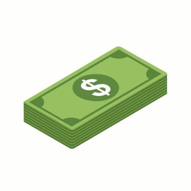 En üstteki banknotta bir dolar işareti simgesi olan, beyaz bir arkaplanda izole edilmiş, basit bir izometrik görünümde bir yığın yeşil doların düz vektör çizimi.