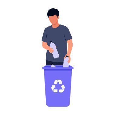 Plastik şişeleri çöp kutusu illüstrasyonuna dönüştüren adam.