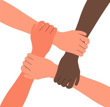 Çeşitli eller birbirine kenetlenir, takım çalışması konsepti vektör çizimi.