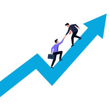 İş adamları birbirlerine yukarı doğru ok atmada yardım ediyorlar, takım çalışması konsept vektör ilülasyonu.