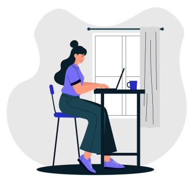 Ev vektörü illüstrasyonunda dizüstü bilgisayarda çalışan kadın.