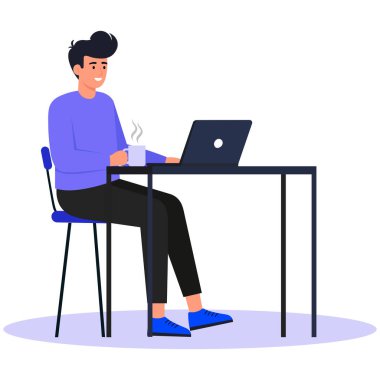 Kahve kupası illüstrasyonuyla dizüstü bilgisayarda çalışan adam..