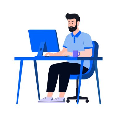 Masada oturan adam bilgisayar vektör illüstrasyonuyla çalışıyor.