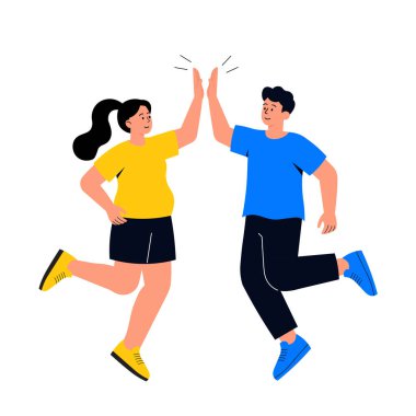 Neşeli bir atlama vektörü çiziminde iki mutlu arkadaş beşlik çakıyor..