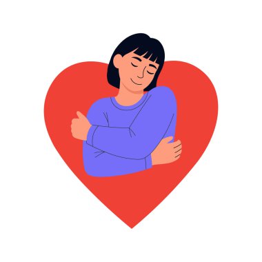 Kendine özen gösteren kadın, kendini sev, ya da kalple pozitif vücut kavramı. Mutlu kadın kendi vektör çizimine sarılıyor..