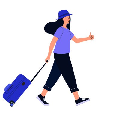 Valizli Kadın Gezgin ve Baş Parmaklı Vektör Çizimi