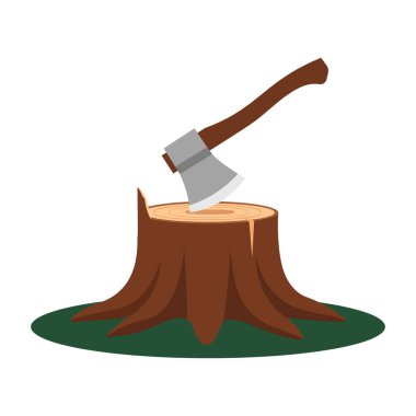 Ağaç kütüğündeki balta ağaç gövdesini keserek çevresel hasarı ağaç konsepti çiziminden kurtarır