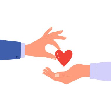 Kırmızı kalbi başka bir el sevgi ve destek değişim vektörü illüstrasyonuna vermek.