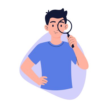 Büyüteç, problem çözme ve veri analiz vektörü illüstrasyonuyla arama yapan kişi.