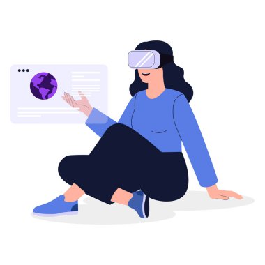 Sanal gerçeklik kulaklık teknolojisi çizimi yaşayan bir kadın..