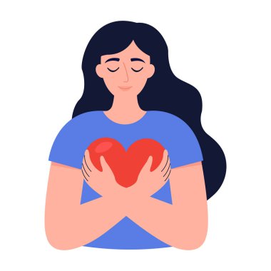 Kalbi kucaklayan kadın, kendini sevme konsepti vektör illüstrasyonu.