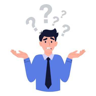İş adamı soru işaretleriyle omuz silkiyor, belirsizlik vektörü illüstrasyonunu temsil ediyor.