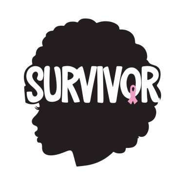 Cesur pembe kurdele tipografisi ile kıvırcık saçlı kurtulan silueti göğüs kanseri farkındalığında umut ve kimlik ifade ediyor, güçlendirme posterleri ve kampanya grafikleri için harika.