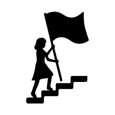 Kadın silüeti, elinde pembe kurdele bayrağı sallayarak merdivenleri tırmanıyor. İlerlemeyi ve göğüs kanseri farkındalığını simgeliyor. Motivasyon kampanyası için mükemmel.