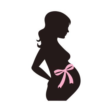 Hamile kadın silueti, göbeğinde pembe kurdeleyle göğüs kanseri farkındalığı ayı sırasında anne dayanıklılığını ve farkındalığını simgeliyor, annelik ve sağlık tasarımları için ideal.