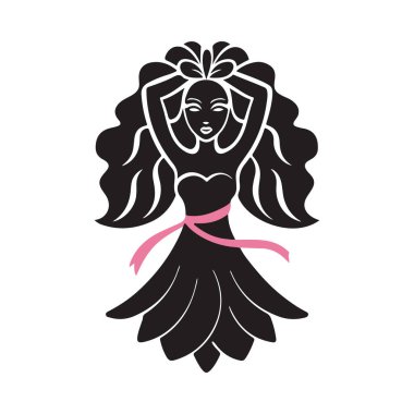 Pembe kurdele takan, dalgalı saçlı ve buketli kadın silueti yenilenmeyi ve göğüs kanseri farkındalığını sembolize ediyor. Kadınsı görseller için ideal.