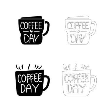 Sade ve beyaz kahve kupası simgeleri, buhar ve kalp şekilleri katı ve özet biçimlerde; romantik ya da rahat kahve temalı tasarımlar için ideal