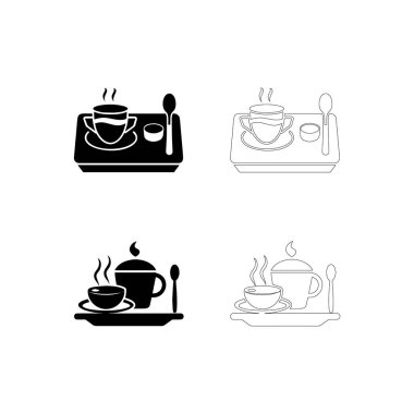 Kahvaltı tepsisi, kahve fincanı, çaydanlık ve siyah beyaz kaşık ile simge seti, sabah ve kahvaltı grafikleri için mükemmel.