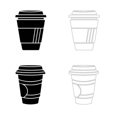 Tek kullanımlık kahve fincanı simgesi siyah ve beyaz sert ve ana hatlı; kahve servisi, markalaşma ve kahve günü tasarımları için harika.