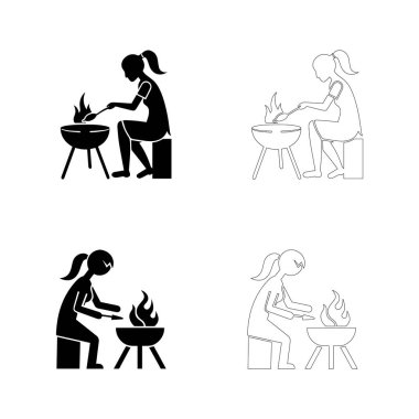 Izgara ve mutfak gereçleri olan bir taburede geleneksel yemek pişirme, yemek hazırlama ve Dünya Gıda Günü kavramları için uygun, katı ve ana hatlarıyla yemek pişiren kişi