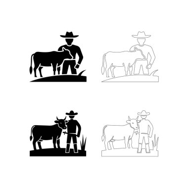 Bir ineğin yanında duran çiftçi, düz ya da çimenli zeminde, ikon tarzında, tarım, kırsal yaşam ve gıda kaynaklı Dünya Gıda Günü içeriği için harika.