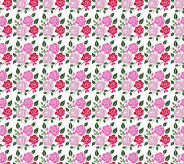 Beyaz zemin üzerinde pembe ve kırmızı güller ve yeşil yapraklar olan romantik, dikişsiz desenli, zarif düğün, kadınsı veya bahar temalı tasarımlar için ideal.