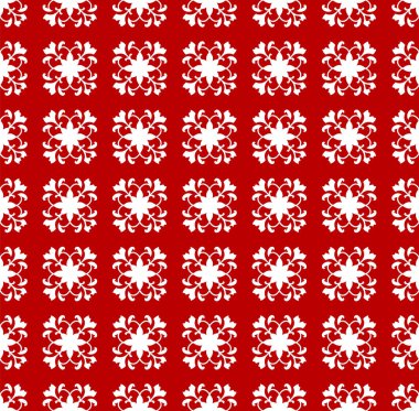Kırmızı zemin üzerinde süslemeli beyaz çiçek motifi deseni. Dikensiz tekstil, duvar kağıdı ve şenlikli dekoratif tasarımı için. Geleneksel ve zarif tarz projeleri için ideal.