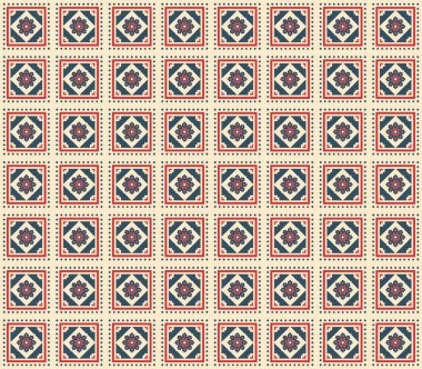 Kırmızı, mavi ve bej tonlarında tekrarlanabilir Türk desenleri, geometrik çiçek motifli halı tasarımlarından esinlenerek, tekstil, duvar kağıdı ve halılar için ideal.