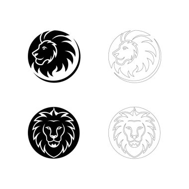 Yuvarlak bir çerçeve oluşturan dairesel aslan baş silueti. Rozetler, simgeler, damgalama ve hayvan temalı sanat eserleri için ideal koyu siyah vektör.