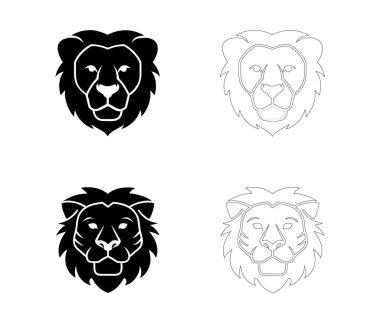Minimalist aslan yüzü silueti koyu siyah çizgili, bembeyaz arkaplanda izole edilmiş, logolar, damgalamalar, dövmeler ve simge sanatı için harika.