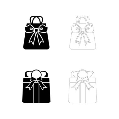 Marka, ambalaj, e-ticaret simgeleri, perakende grafikleri ve mağazayla ilgili tasarımlar için mükemmel, basit siyah kurdeleli hediye çantası silueti.