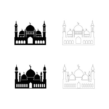 Cami siluetinin çarpıcı silueti birden fazla kubbe ve minareler düz koyu siyah tarzda, Ramazan pankartları, bayram kutlama posterleri ve kültürel mimari tasarımları için harika..