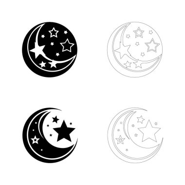 Yıldızlarla dolu arkaplanı olan düz, koyu siyah ay silueti, İslam festivali sanat eserleri için zarif tasarım, Ramazan illüstrasyonları ve bayram mübarek kavramları.