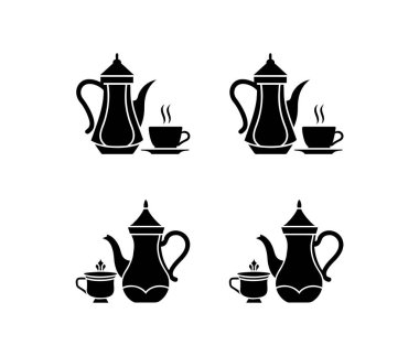 Geleneksel İslami çaydanlık ve fincanın silueti koyu siyah tarzında, kültürel yemek temaları için güzel tasarım, Ramazan buluşmaları, Ortadoğu misafirperverliği ve dekor..