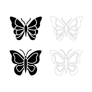Düz düz siyah ikon tarzında pürüzsüz yuvarlak kanatları olan minimal kelebek silueti, modern tasarım, dekoratif projeler, doğa temaları ve yaratıcı mikro grafikler için ideal..