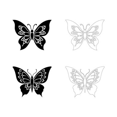 Mandala 'dan esinlenilmiş koyu siyah kanatlı dekoratif kelebek silueti, ruhani sanat eserleri, kültürel tasarım projeleri ve yaratıcı mikrostok sanat için mükemmel..