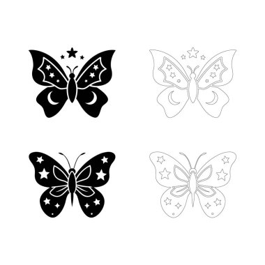 Kelebek silueti, yıldız ve ay desenli düz siyah kanatlar içinde, hayali sanat eserleri, gök tasarımı, yaratıcı projeler ve dekoratif mikro kullanım için idealdir..