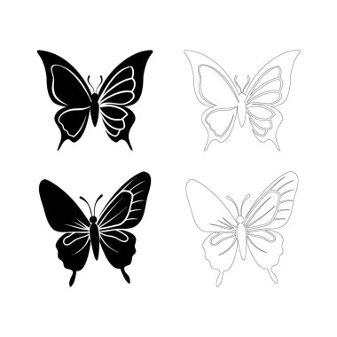 Yan profilinde uçan kelebek silueti, kalın düz siyah kanatları, dövme tasarımları, logolar, baskılar, duvar sanatı ve doğal temalı dekoratif grafik projeleri için uygun..
