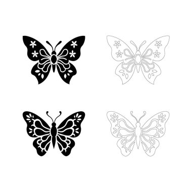Siyah renkli simetrik desenli kelebek silueti. Dekoratif baskılar, dövmeler, logolar, el sanatları, doğadan esinlenilmiş markalar ve dijital sanat eserleri için mükemmel..