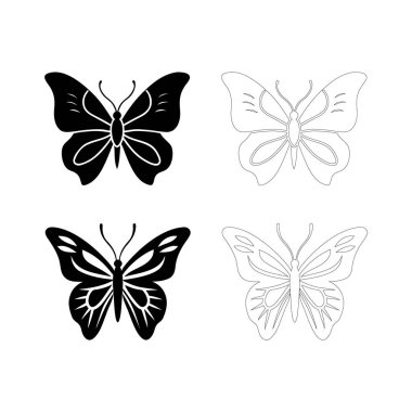 Cesur siyah dizaynlı açık kanatlı minimalist kelebek silueti, basit dövmeler, doğa logoları, modern baskılar, kartlar ve temiz dekoratif tasarım projeleri için mükemmel..