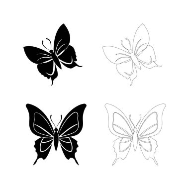 Kelebek silueti hareketli ve kanat efekti düz koyu siyah tarzda, dövme tasarımları, dinamik logolar, baskılar, duvar dekorasyonu ve sanatsal grafik projeler için harika.