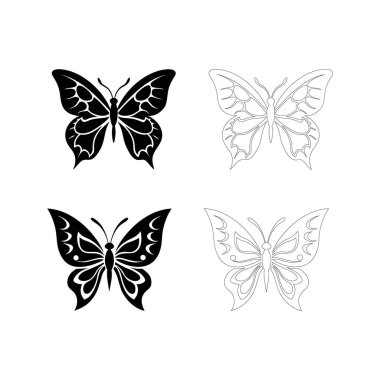 Zarif kelebek silueti kalın siyah düz kanatlı, dövmeler, dekoratif baskılar, yaratıcı logolar, duvar sanatı ve sanatsal projeler için uygun..