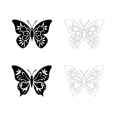 Siyah renkli simetrik desenli kelebek silueti dövmeler, dekoratif logolar, el işleri, düğün kırtasiyeleri ve doğadan esinlenilmiş sanat eserleri için mükemmel..